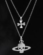 Cross and Skull Saturn Double Layer Necklace