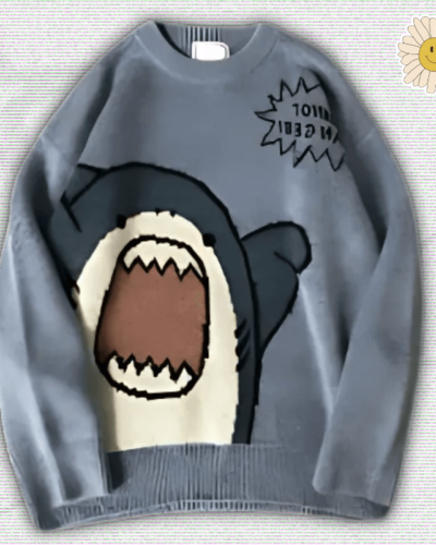 Y2K Cartoon Shark Print Sweater